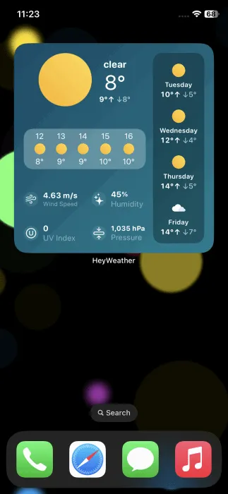 HeyWeather widget displayed on iPhone.