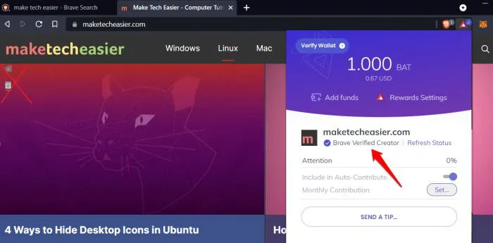 Tipping a site creator with Brave Rewards.