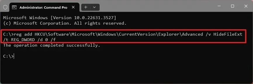 Command Prompt to show file extensions