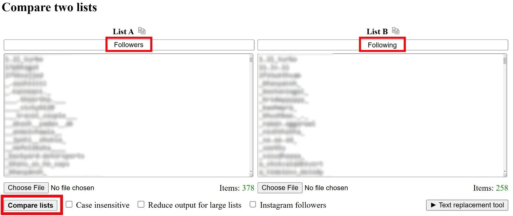 Una interfaz de sitio web que muestra la 'Lista A' llena de seguidores de Instagram de un usuario y la 'Lista B' llena de cuentas seguidas.