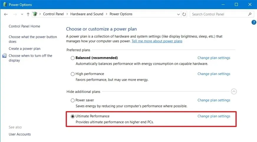 Panel de control Opción de energía de máximo rendimiento