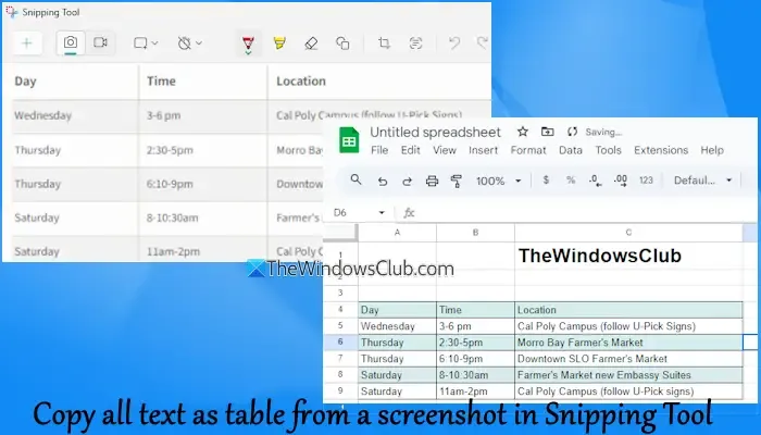 copy text as table snipping tool