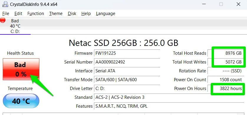 CrystalDiskInfo displaying poor storage health