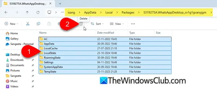 Deleting WhatsApp cache in Windows 11