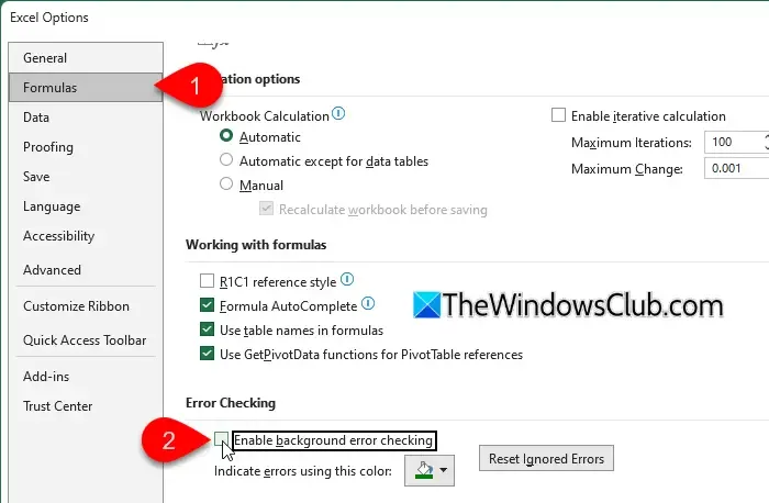 Deshabilitar la comprobación de errores en Excel