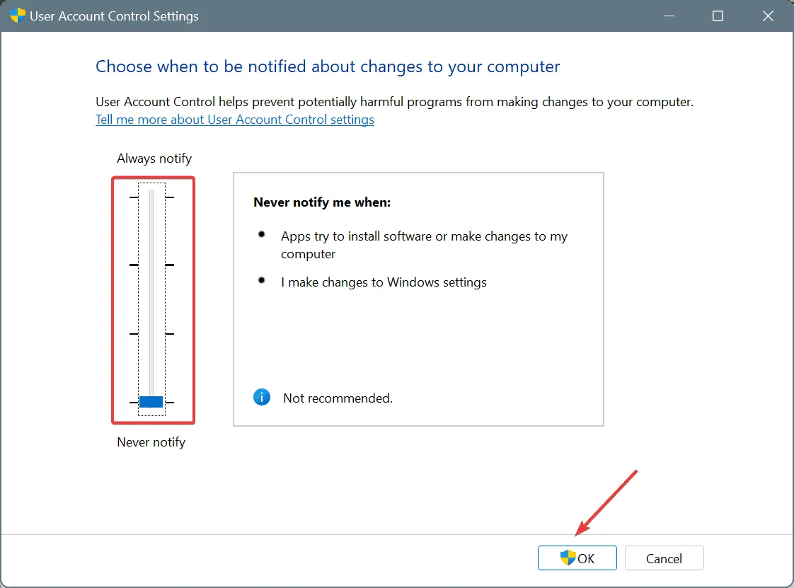 wyłącz UAC, aby naprawić ERROR_DYNLINK_FROM_INVALID_RING