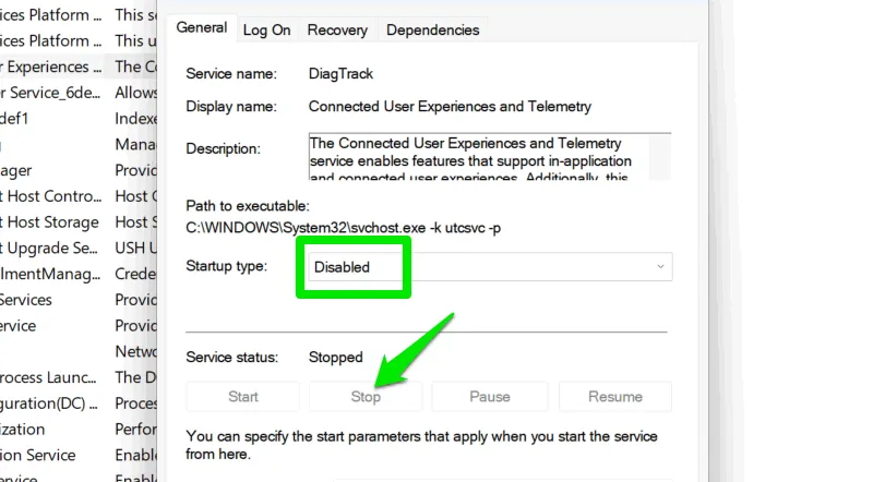 Instrukcje wyłączania usługi systemu Windows w oknie dialogowym