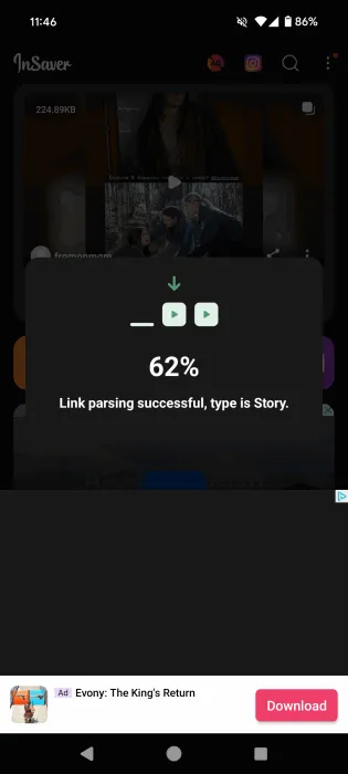 Downloading Instagram story with InSaver app.