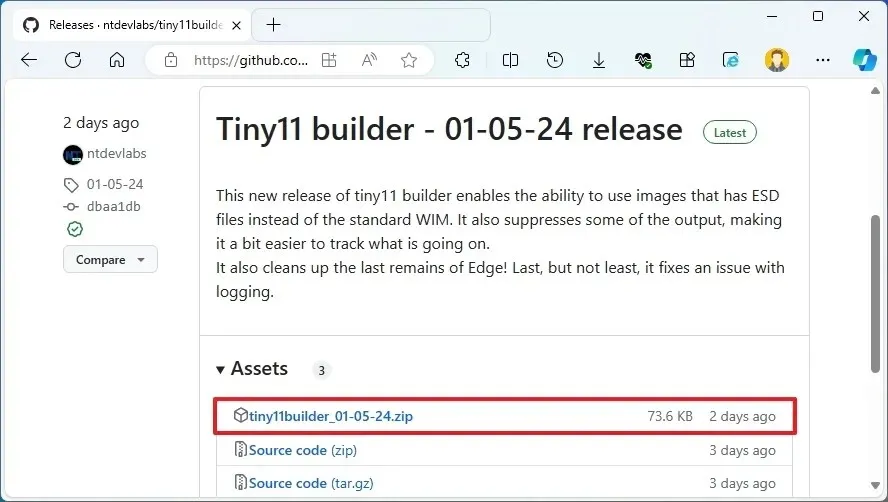 Tiny11 Builder の zip ダウンロード