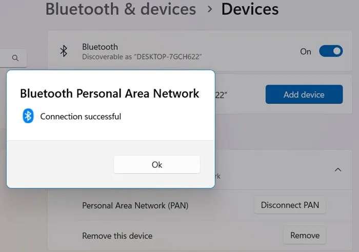 Connecting a Windows device to an Android phone using the Access Point (PAN) method.