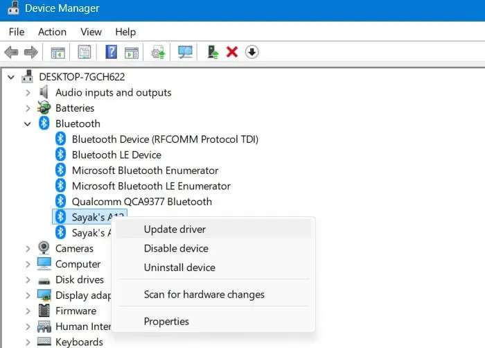 Updating the driver for a paired Android phone in Windows Device Manager.