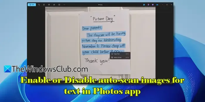 Enable or Disable auto-scan images for text in Photos app