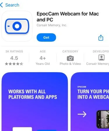 A screenshot of the EpocCam app on the iOS App Store.