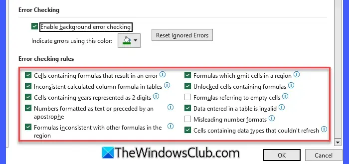 Reglas de comprobación de errores