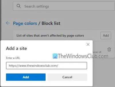 exclude websites from page colors