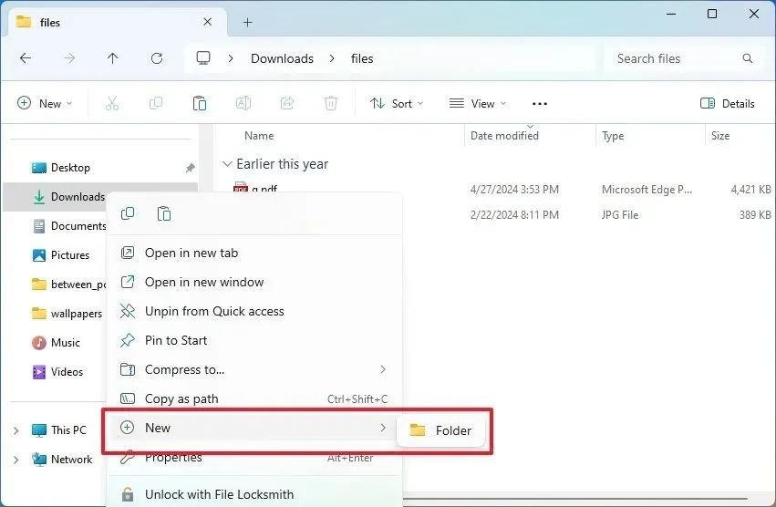 New folder option in File Explorer