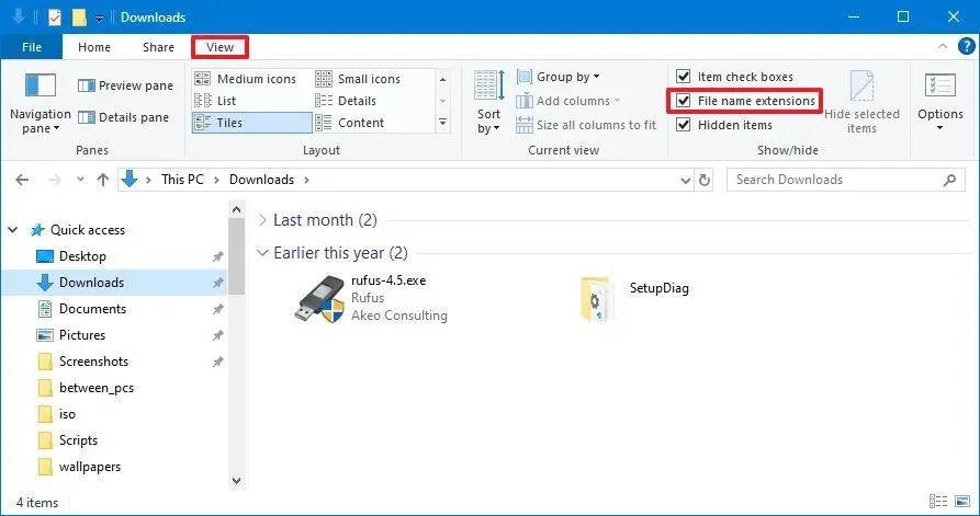 Show file extensions in File Explorer