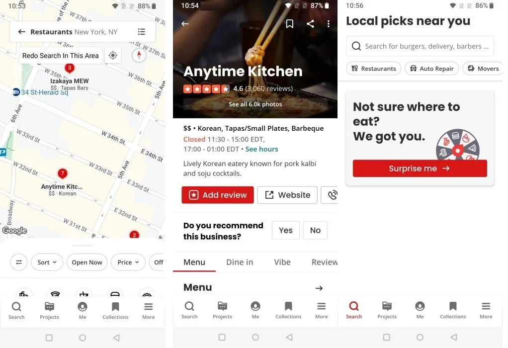 Yelp app interface overview.