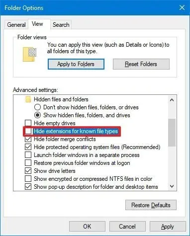 Show extensions for known files in File Explorer