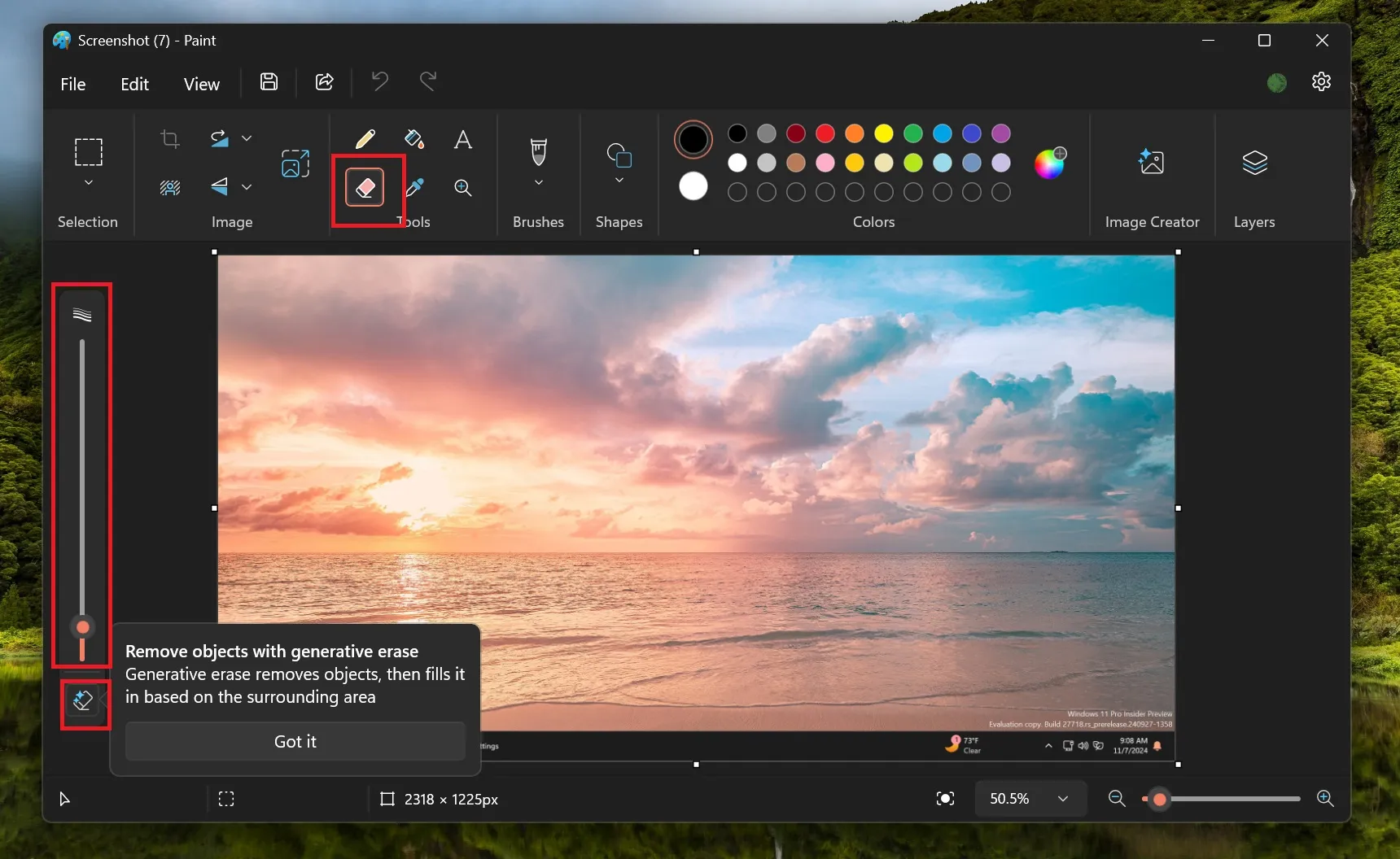 generatywne usuwanie w paint windows 11 insider 24h2