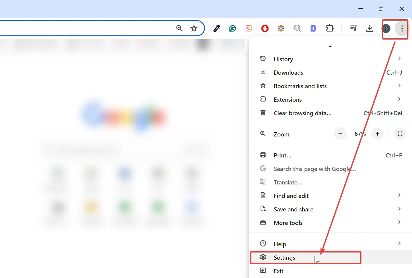 Google Chrome settings menu