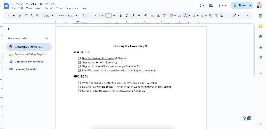 Una lista de diferentes pestañas en Google Docs