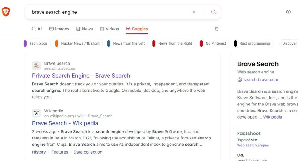 Usando el motor de búsqueda Brave.