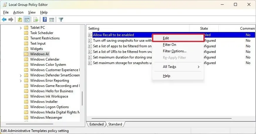 Modifier la stratégie de groupe Autoriser l'activation du rappel