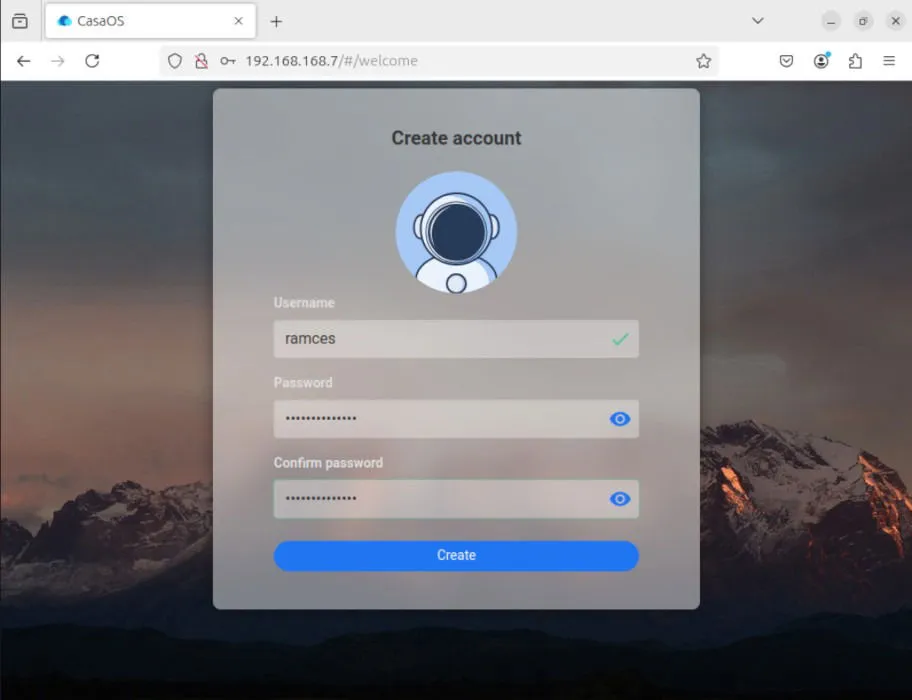 Una captura de pantalla que muestra el proceso de creación de cuenta en CasaOS.