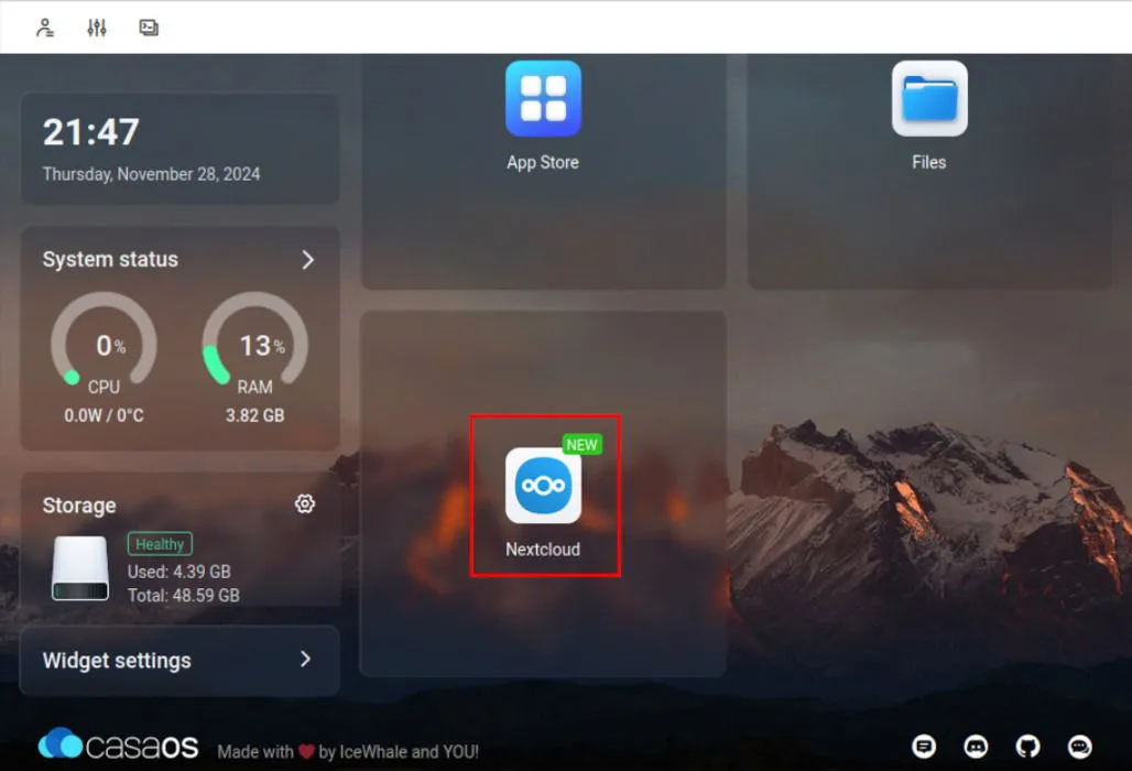 Una captura de pantalla que resalta la aplicación del servidor Nextcloud ejecutándose en CasaOS.