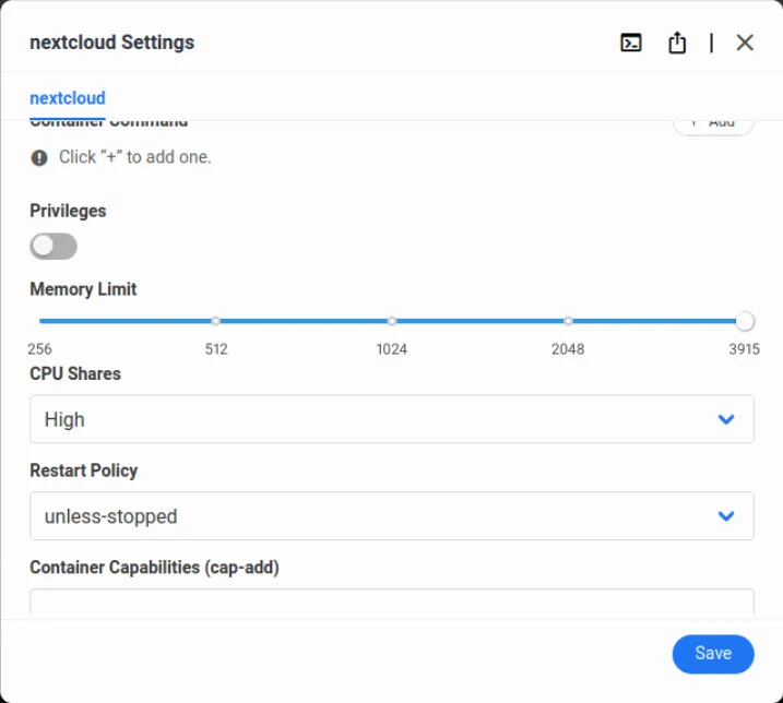 Una captura de pantalla que muestra la reserva de memoria en ejecución para el contenedor Docker de Nextcloud.