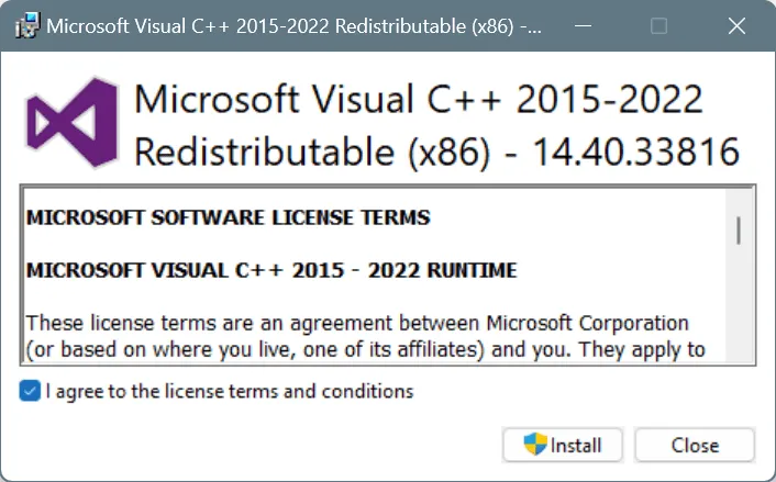 安裝 Visual C++ 可再發行組件