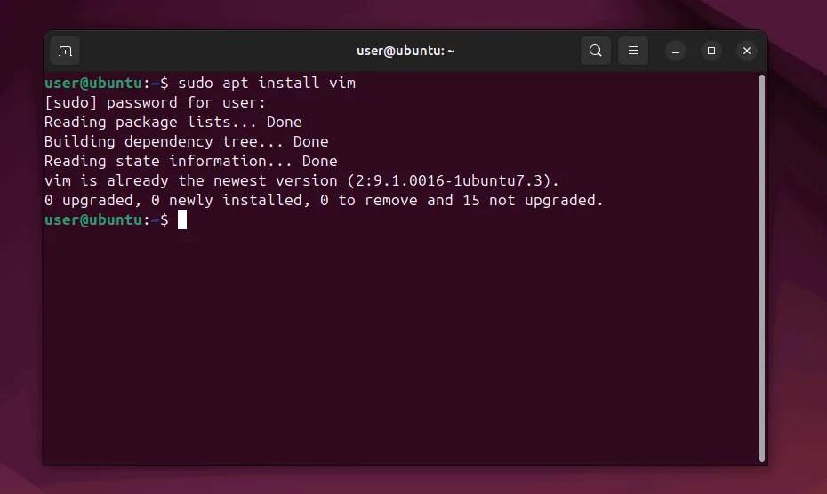 Ubuntu ターミナルに Vim をインストールします。