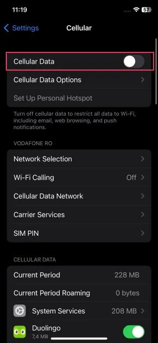Turning off cellular data on iPhone.