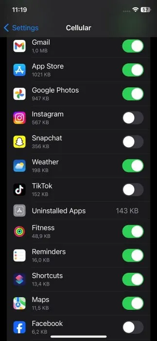 Turning off cellular data for specified apps on iPhone.