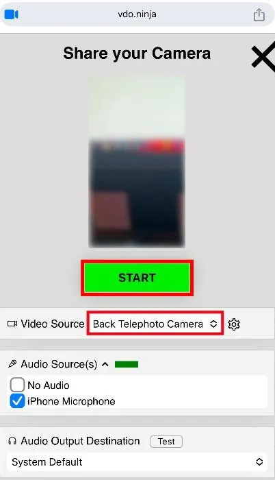 Uno screenshot sull'iPhone che mostra il sito web vdo.ninja aperto, che offre varie opzioni relative alla telecamera tra cui scegliere prima di premere il grande pulsante verde START per iniziare lo streaming.