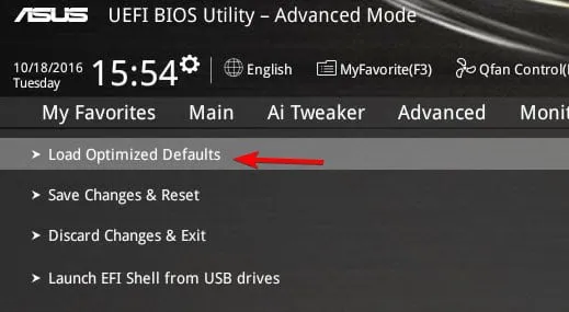 load optimized defaults uefi