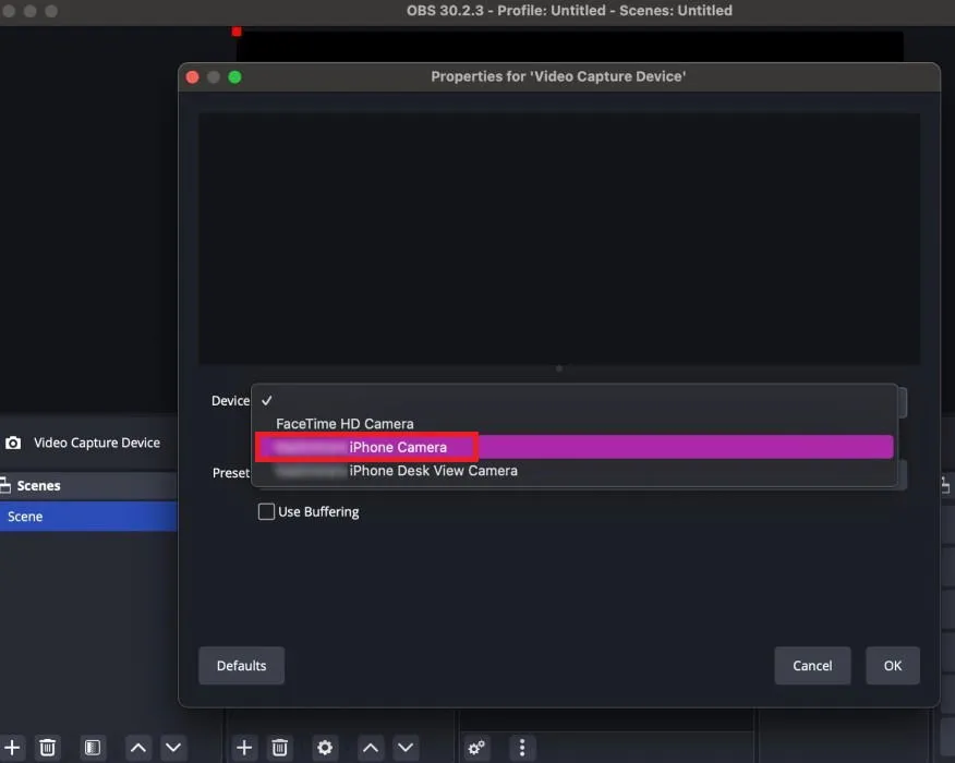 A screenshot of OBS Studio on MacOS, showing the user's iPhone as an option for using as a Video Capture Device.