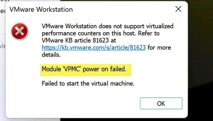 Das Einschalten des Moduls „VPMC“ ist auf der VMware Workstation fehlgeschlagen