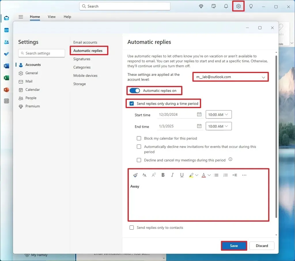 Habilitar respuestas automáticas en la aplicación Outlook