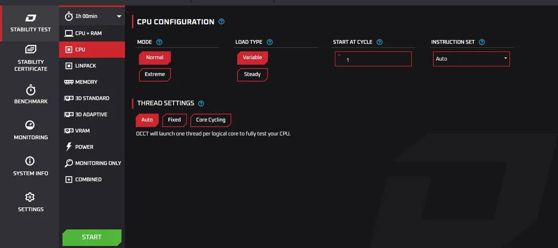 CPU 테스트 옵션을 표시하는 OCCT 인터페이스