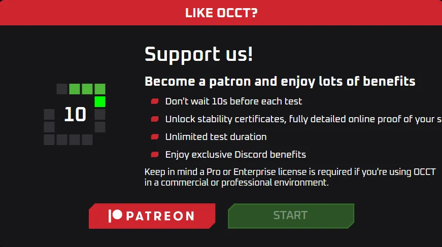 OCCT에서 Patreon 멤버십을 제안하는 메시지