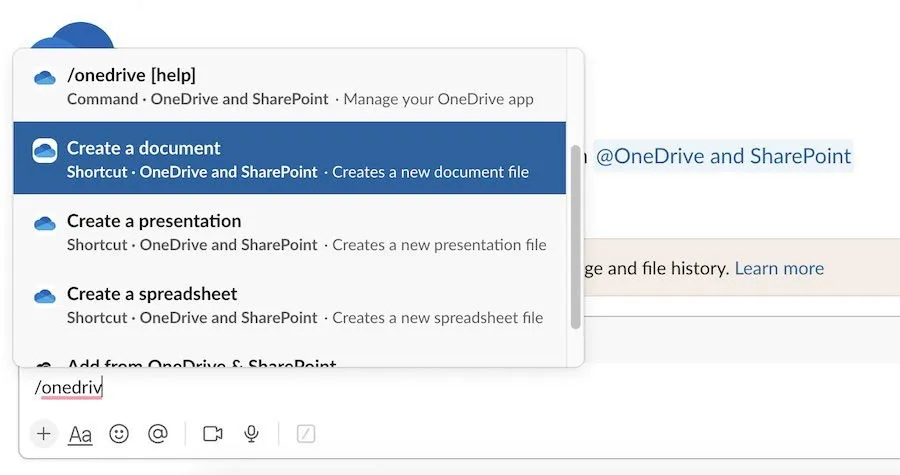 Integrating OneDrive with Slack and adding documents