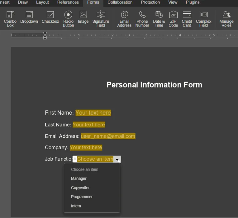 Creating a fillable form in ONLYOFFICE PDF Editor.