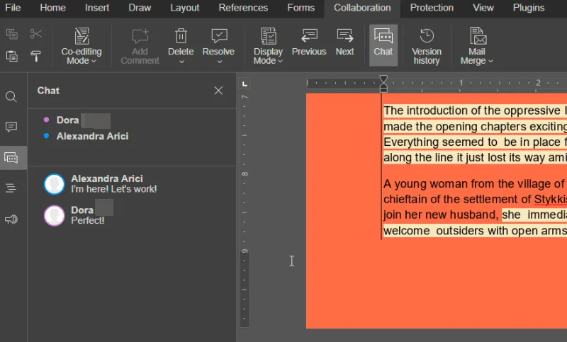 Collaborative messaging within ONLYOFFICE PDF Editor.