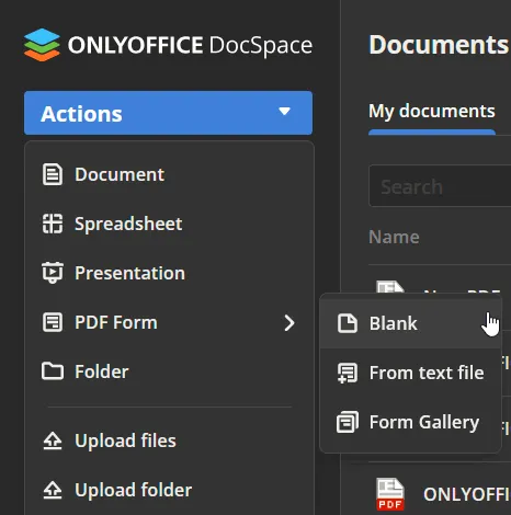 Creating a blank PDF Form in ONLYOFFICE DocSpace.