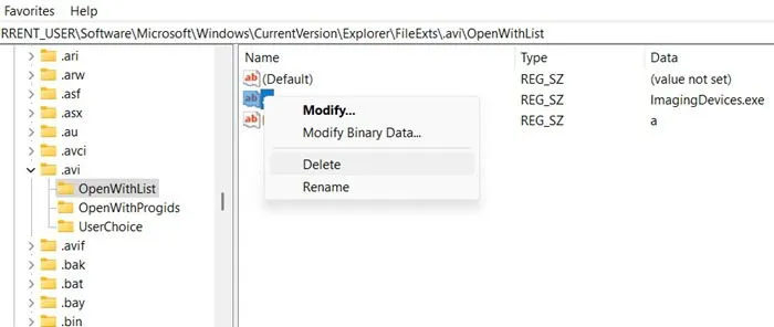 Usuwanie aplikacji ImagingDevice z listy „Otwórz za pomocą” pliku AVI w Edytorze rejestru.