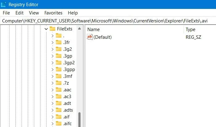 Klucz FileExts w Edytorze rejestru z otwartym podkluczem AVI.