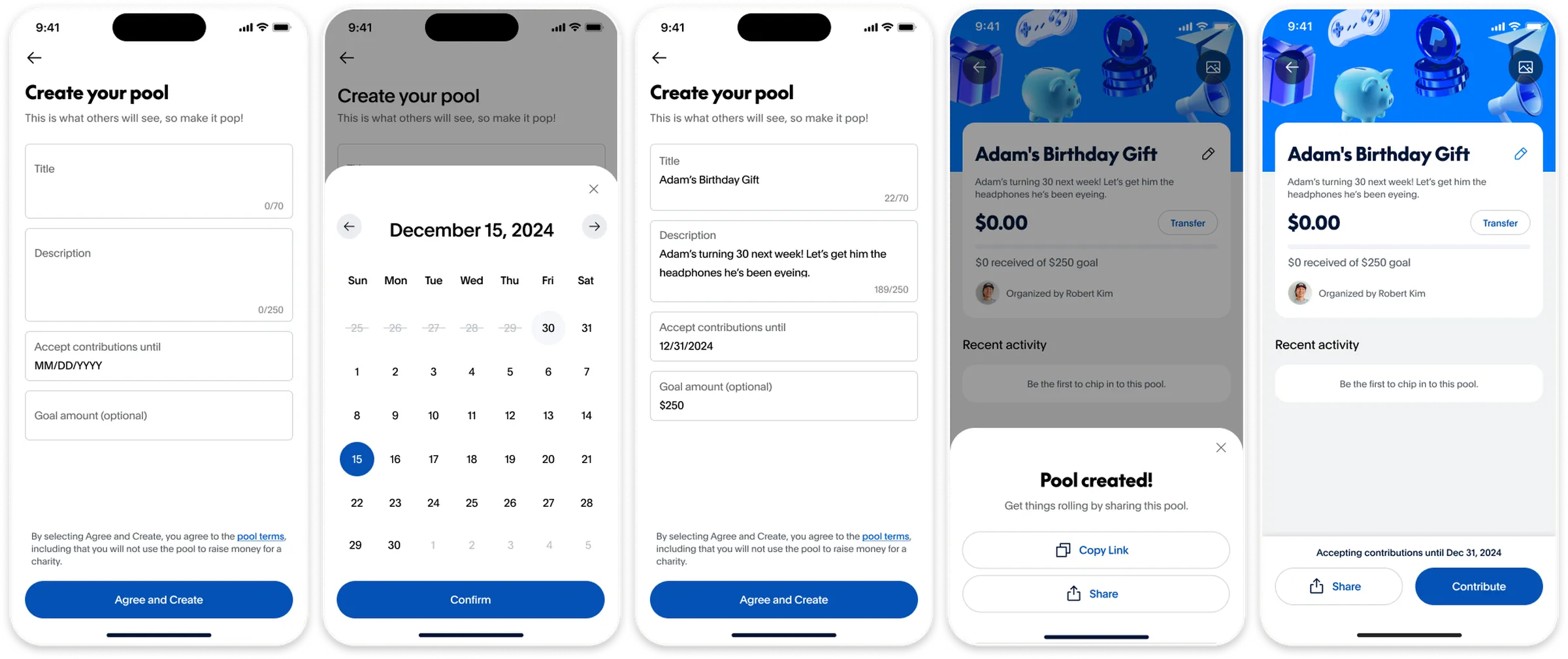 Screenshot examples of PayPal's new money pooling feature illustrating the setup process for a pool.