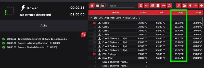 Power test running in OCCT showing temperature readings